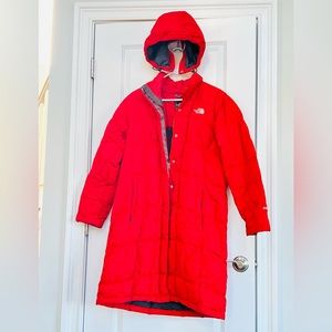 The North Face down coat, calf length, detachable hood, in a beautiful red color